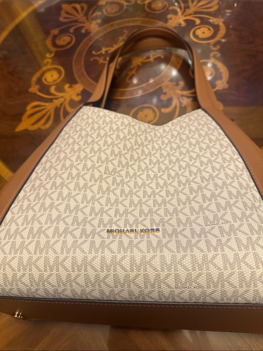 Michael Kors Cream and Brown MK Logo Shoulder Bag